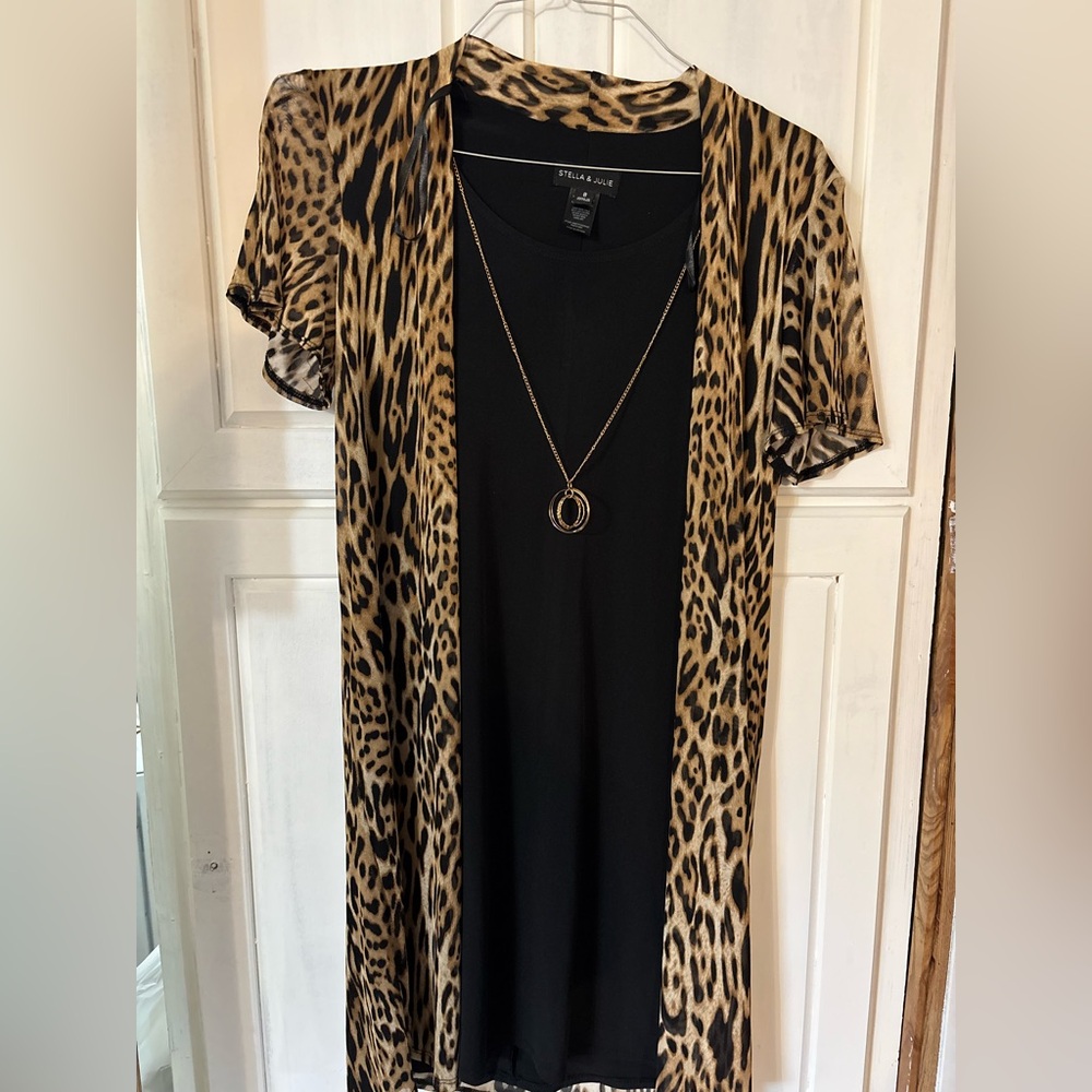 Black dress with cheetah cardigan, attached and necklace attached